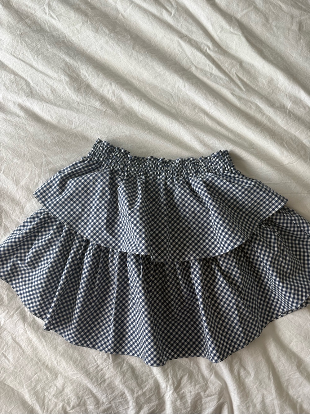 LoveShackFancy Navy and White Gingham Ruffle Skirt